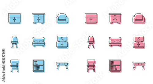 Set line Chair, Library bookshelf, Wardrobe, Office desk, Big bed, TV table stand, and Furniture nightstand icon. Vector