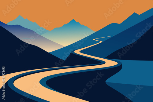 Vector illustration of winding road through mountains at sunset