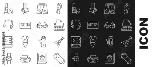 Set line Skateboard trick, Electric bass guitar, Retro typewriter, Short or pants, VHS video cassette tape, Headphones, Lipstick and Glasses icon. Vector