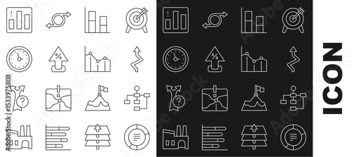 Set line Pie chart infographic, Hierarchy organogram, Arrow, Graph, chart, diagram, Percent up arrow, Clock, and icon. Vector