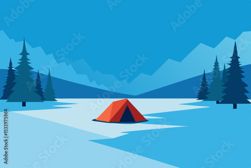 Vector illustration of a red tent in a snowy landscape with pine trees