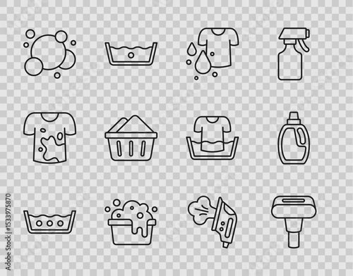 Set line Temperature wash, Garment steamer, Dirty t-shirt, Basin with soap suds, Soap water bubbles, Electric iron and Bottle for cleaning agent icon. Vector