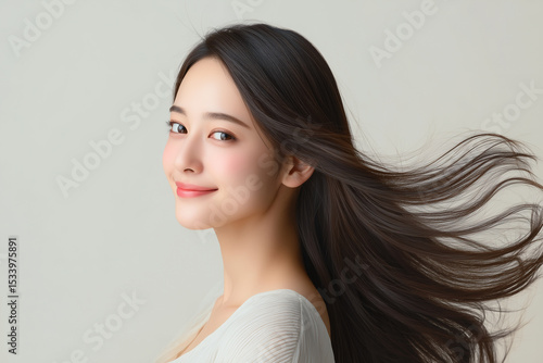 サラサラのロングヘアの黒髪を靡かせて振り向く日本人女性