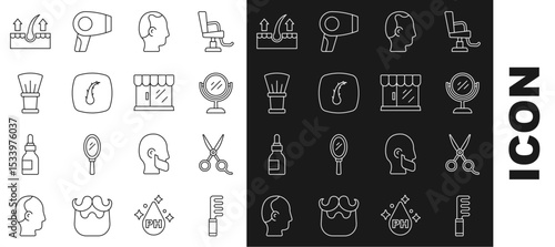 Set line Hairbrush, Scissors hairdresser, Hand mirror, Baldness, Human follicle, Shaving, and Barbershop building icon. Vector