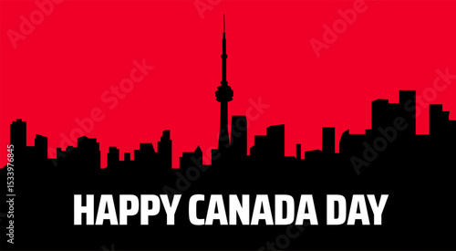  Happy Canada Day banner or background Skyline Flat Vector Illustration with Toronto Cityscape, CN Tower Silhouette, and Red Sky for National Celebrations.