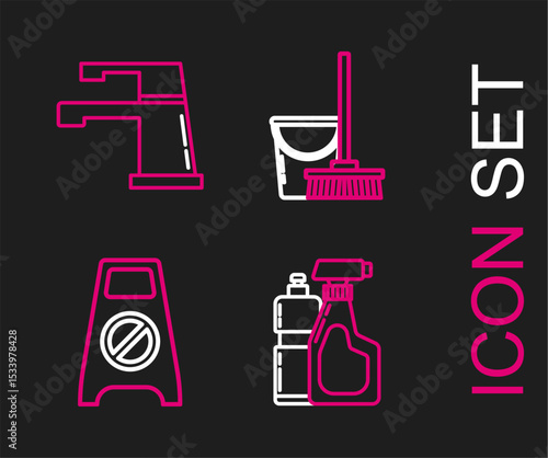 Set line Plastic bottles for liquid dishwashing liquid, Wet floor and cleaning progress, Mop bucket and Water tap icon. Vector