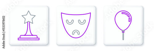 Set line Balloon with ribbon, Movie trophy and Drama theatrical mask icon. Vector