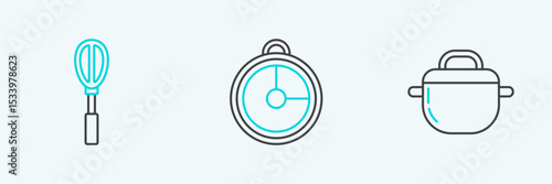 Set line Cooking pot, Kitchen whisk and timer icon. Vector