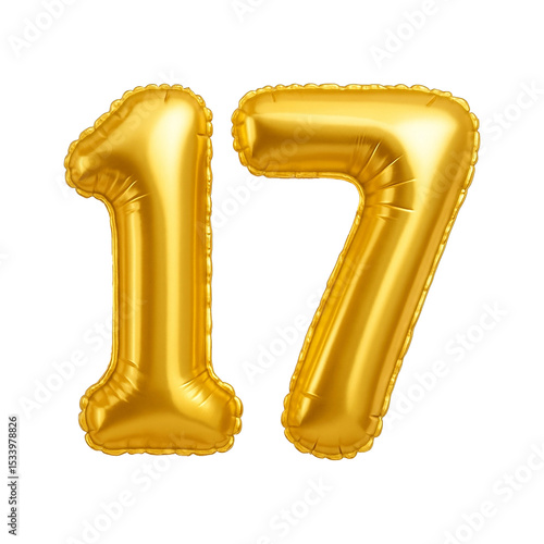 Gold number 17 balloon illustration with festive vibe, perfect for birthday greetings and celebration designs