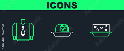 Set line Nougat with nuts, Christmas sweater and Marzipan sponge cake icon. Vector
