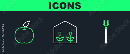 Set line Garden pitchfork, Apple and Home greenhouse and plants icon. Vector