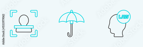 Set line Head with law, Face recognition and Umbrella icon. Vector