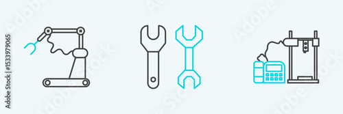 Set line 3D printer, Industrial machine robotic robot arm hand factory and Spanner icon. Vector