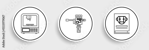 Set line User manual, 3D printer and Mechanical robot hand and screwdriver icon. Vector