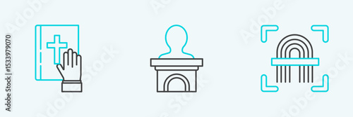 Set line Fingerprint, Oath on the Holy Bible and Stage stand or debate podium rostrum icon. Vector