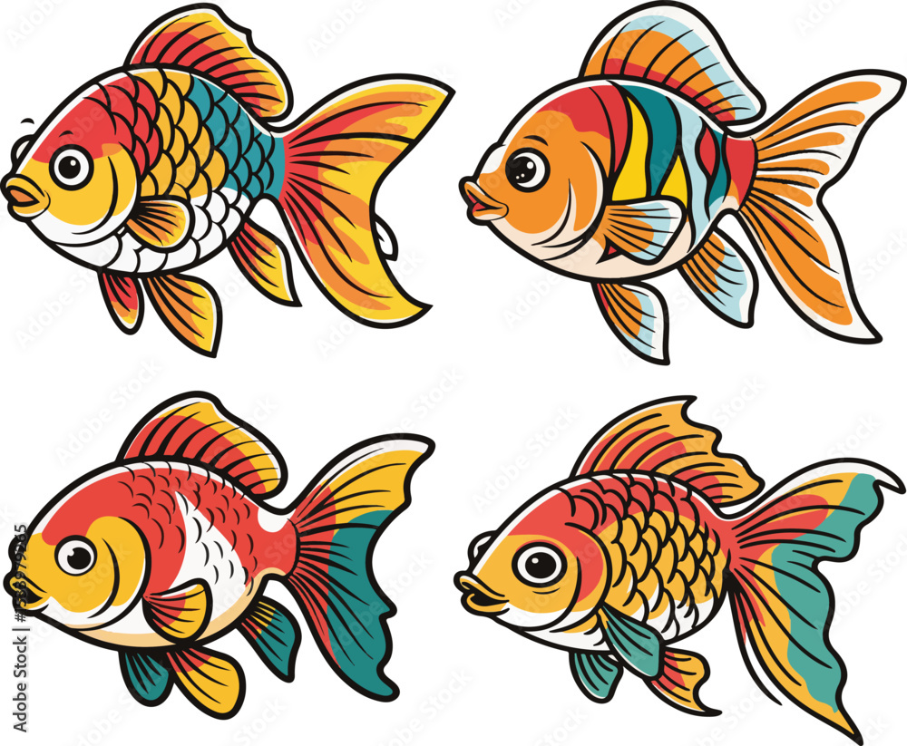 Fototapeta premium Colorful illustration of four goldfish swimming in various directions displaying bright and vivid aquatic life imagery