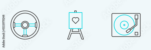 Set line Vinyl player with a vinyl disk, Steering wheel and Wood easel or painting art boards icon. Vector