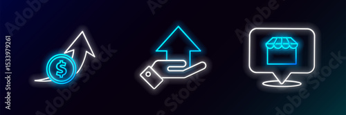 Set line Online shopping concept, Financial growth and coin and Money hand icon. Glowing neon. Vector