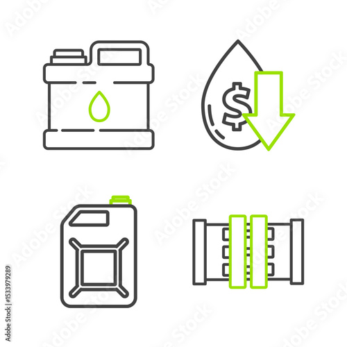 Set line Industry metallic pipes and valve, Canister for gasoline, Drop crude oil price and motor machine icon. Vector