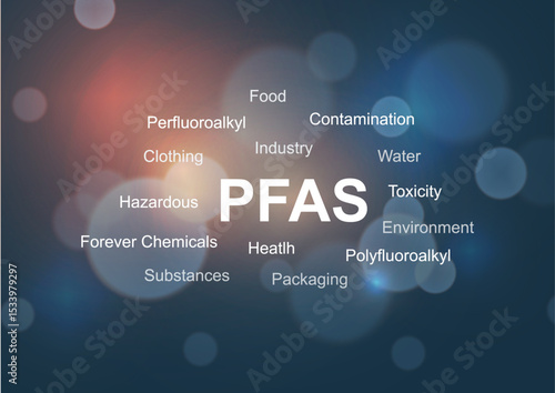 PFAS word cloud infographic template with typography showing contamination toxicity environment health hazardous chemicals. Environmental awareness poster design for educational presentations. Vector
