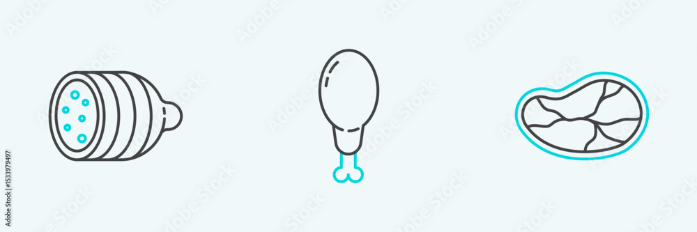 Set line Steak meat, Salami sausage and Chicken leg icon. Vector Set line Steak meat, Salami sausage and Chicken leg icon. Vector