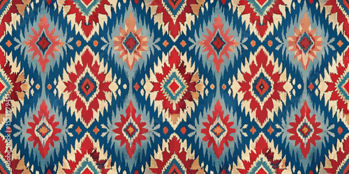 Colorful geometric textile pattern with vibrant blue, red, and cream elements.