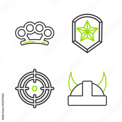 Set line Viking in horned helmet, Target sport, Police badge and Brass knuckles icon. Vector