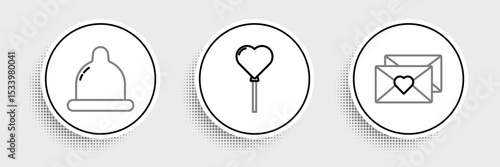 Set line Envelope with Valentine heart, Condom and Balloons form of icon. Vector