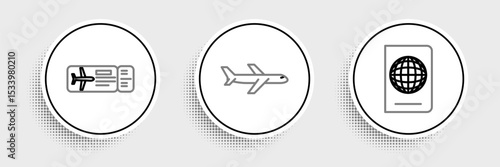 Set line Passport with biometric data, Airline ticket and Plane icon. Vector