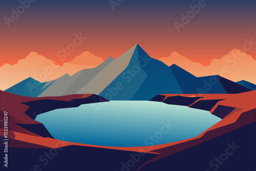 Vector illustration of mountain landscape with lake at sunset