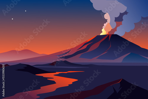 Vector volcano landscape at sunset