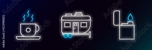 Set line Lighter, Coffee cup and Rv Camping trailer icon. Glowing neon. Vector