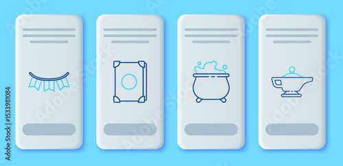 Set line Ancient magic book, Witch cauldron, Carnival garland with flags and Magic lamp or Aladdin icon. Vector