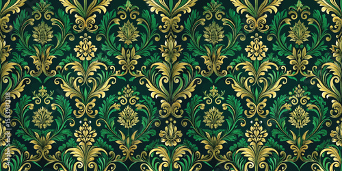 Elegant green and gold damask pattern for a luxurious interior design.