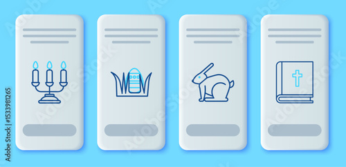Set line Easter egg, rabbit, Candelabrum with candlesticks and Holy bible book icon. Vector