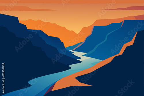 Vector illustration of canyon landscape with river at sunset