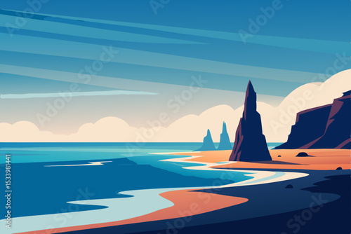 Vector illustration of rocky beach landscape with ocean and cliffs