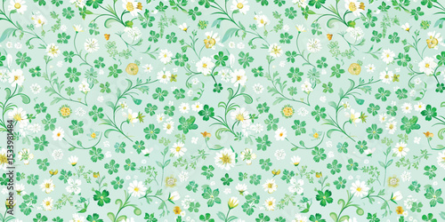 A vibrant floral pattern featuring green clovers and white daisies.
