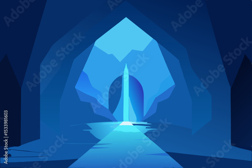 Vector illustration of a blue cave with a glowing light
