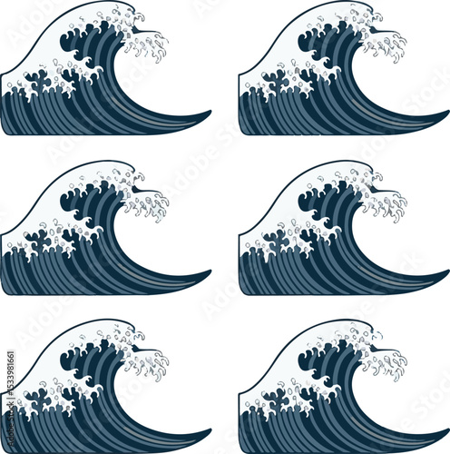 Repeating pattern of six stylized ocean waves in dark blue and white on a clean white background