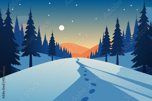 Vector winter landscape with snowy road and pine trees at sunset