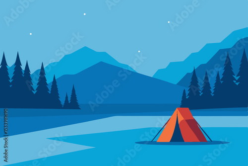 Vector illustration of a camping tent in a scenic landscape
