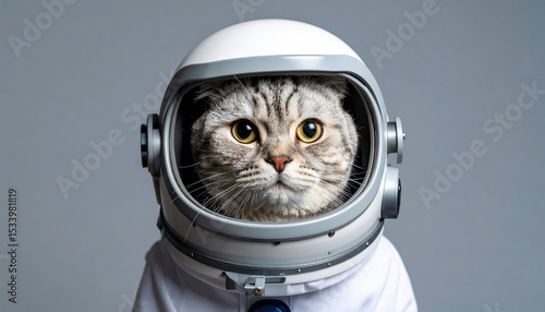 Fototapeta Naklejka Na Ścianę i Meble -  Generated image Funny cat astronaut in a space suit with a helmet on a gray background. British cat 