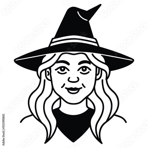 Witch Minimalist Line Art Drawing in Black and White Vector Style