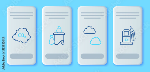 Set line Full dustbin, Cloud, CO2 emissions cloud and Petrol or gas station icon. Vector