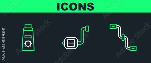 Set line Bicycle pedals, Sunscreen cream in tube and icon. Vector
