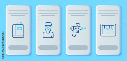 Set line Nerd geek, Ray gun, Book and Pendulum icon. Vector