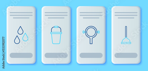 Set line Bucket, Filter wrench, Water drop and Rubber plunger icon. Vector