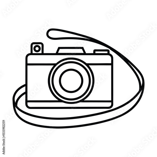 Minimal Camera with Strap Line Art in Black and White Vector