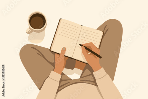 Point of view writing in journal with coffee as daily mental health practice